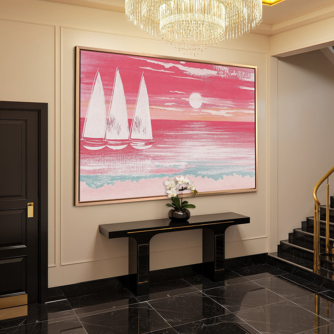 Framed Wall Art: Abstract sailboat art in pink and turquoise. Modern canvas print adds a pop of color to any interior.