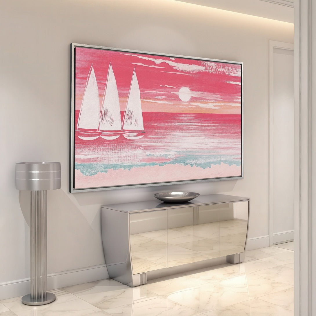 Framed Wall Art: Coastal canvas print with sailboats, vibrant pink and blue color palette. Perfect for adding a touch of serenity to your home decor.