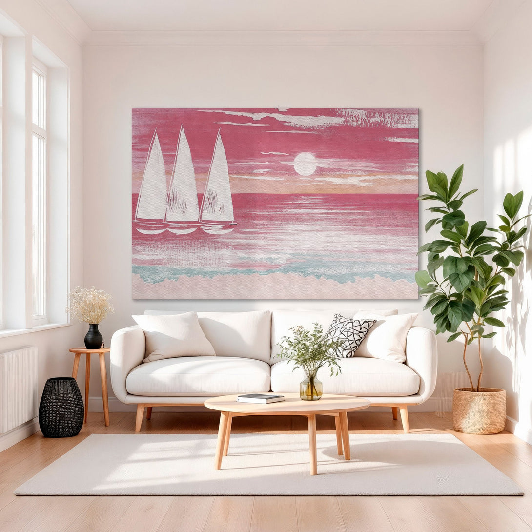 Framed Wall Art: Abstract sailboat scene in pink and teal. Coastal decor canvas print adds a pop of color and style to any room.