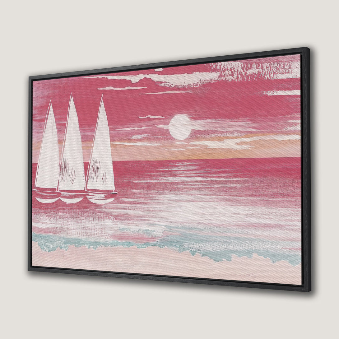 Framed Wall Art: Sailboats at sunset. Abstract art in pink and white hues. Coastal Canvas Print for your home decor.
