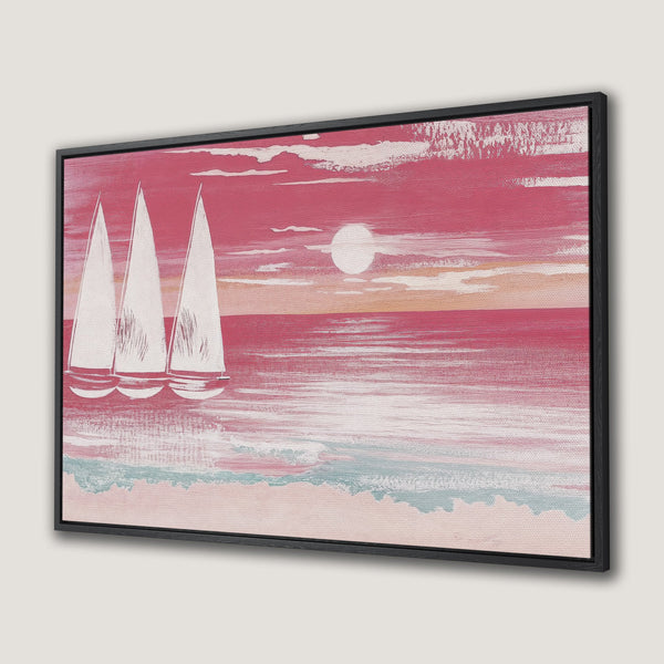 Framed Wall Art: Sailboats at sunset. Abstract art in pink and white hues. Coastal Canvas Print for your home decor.