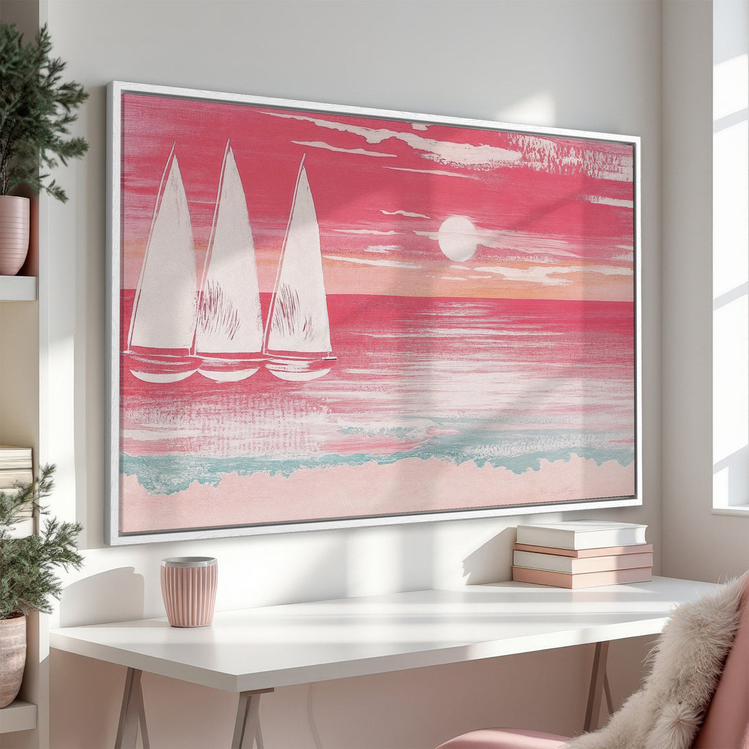 Framed Wall Art featuring sailboats at sunset. Abstract style with a pink and teal color palette. Perfect coastal decor for your home!