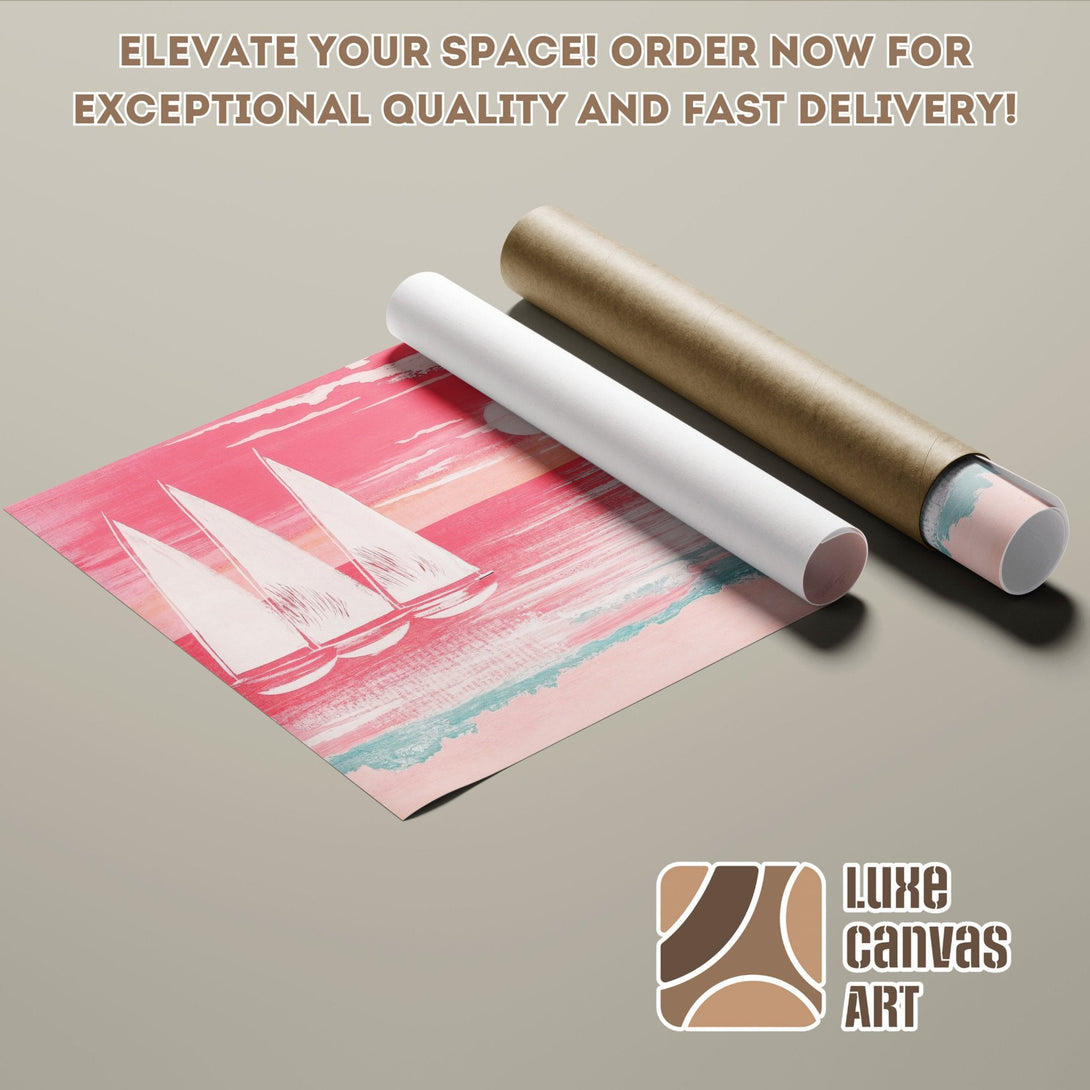 Poster Roll featuring a sailboat art print in pink and blue hues. Elevate your space with Luxe Canvas Art!