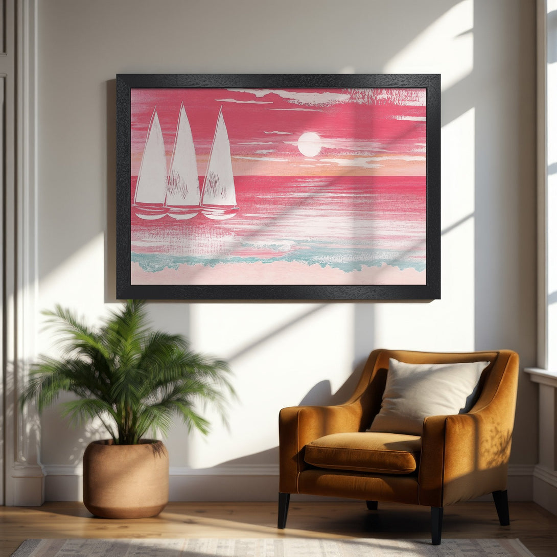 Framed Poster featuring a sailboat scene in a vibrant pink and blue color palette, perfect for coastal decor.