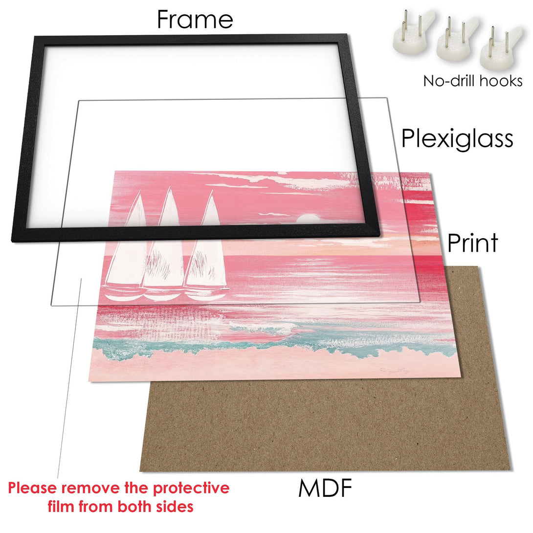 Framed Poster featuring sailboats in a pink and teal coastal style, ready to hang.