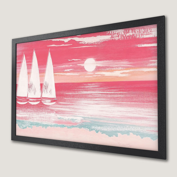Framed Poster of sailboats at sunset. Abstract art style in pink and teal color palette. Perfect wall decor.