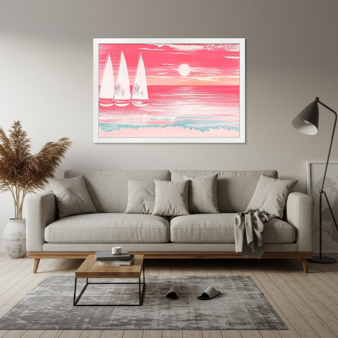 Framed Poster featuring sailboats on a pink and blue ocean, painted in an abstract style. Perfect wall art for coastal decor.