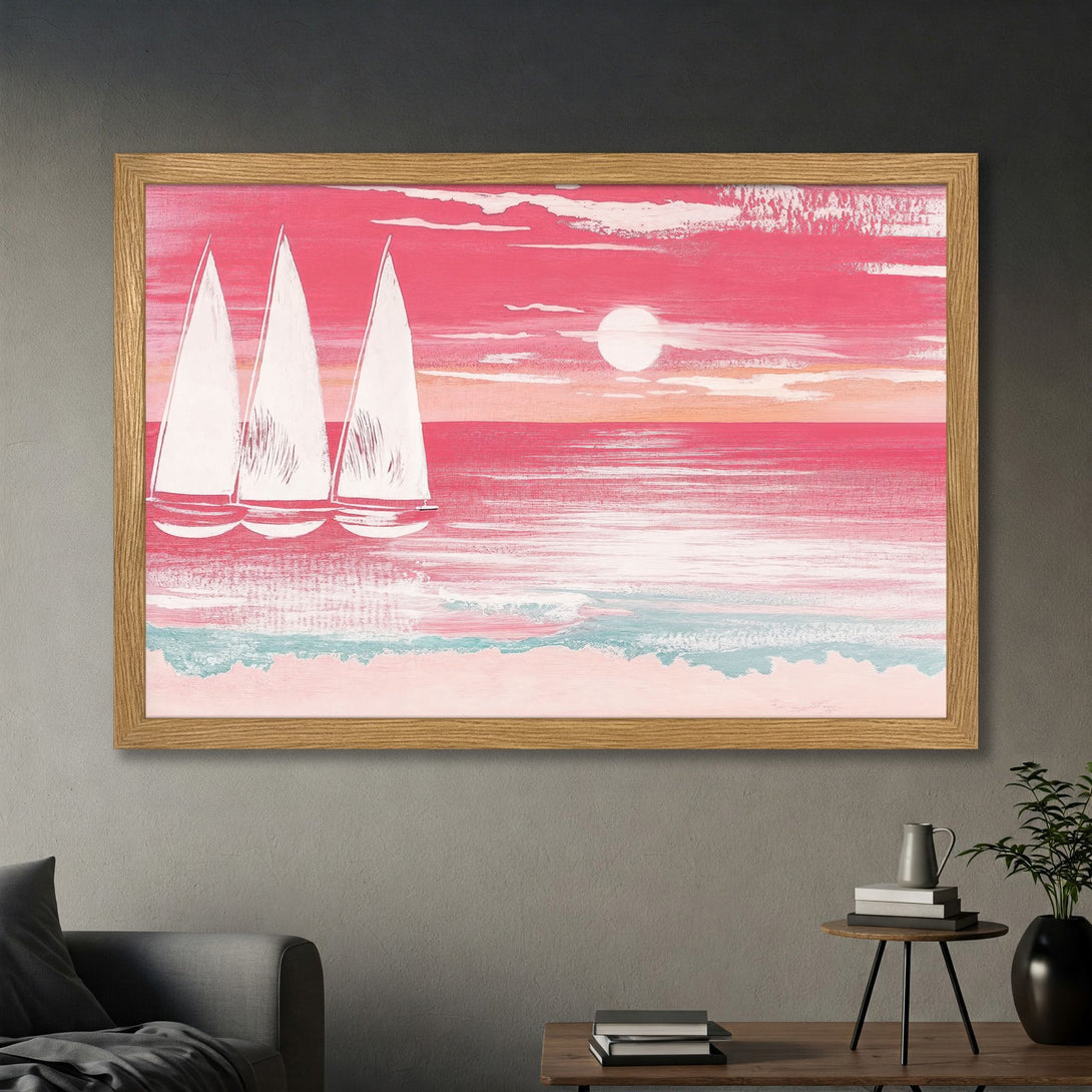 Framed Poster featuring sailboats on a pink and blue sunset. Coastal art print, perfect for adding a touch of serenity to your home.
