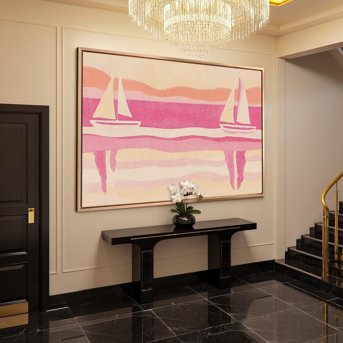 Framed Wall Art: Abstract sailboat art in pink and peach tones. Coastal style canvas print adds a pop of color to any interior.