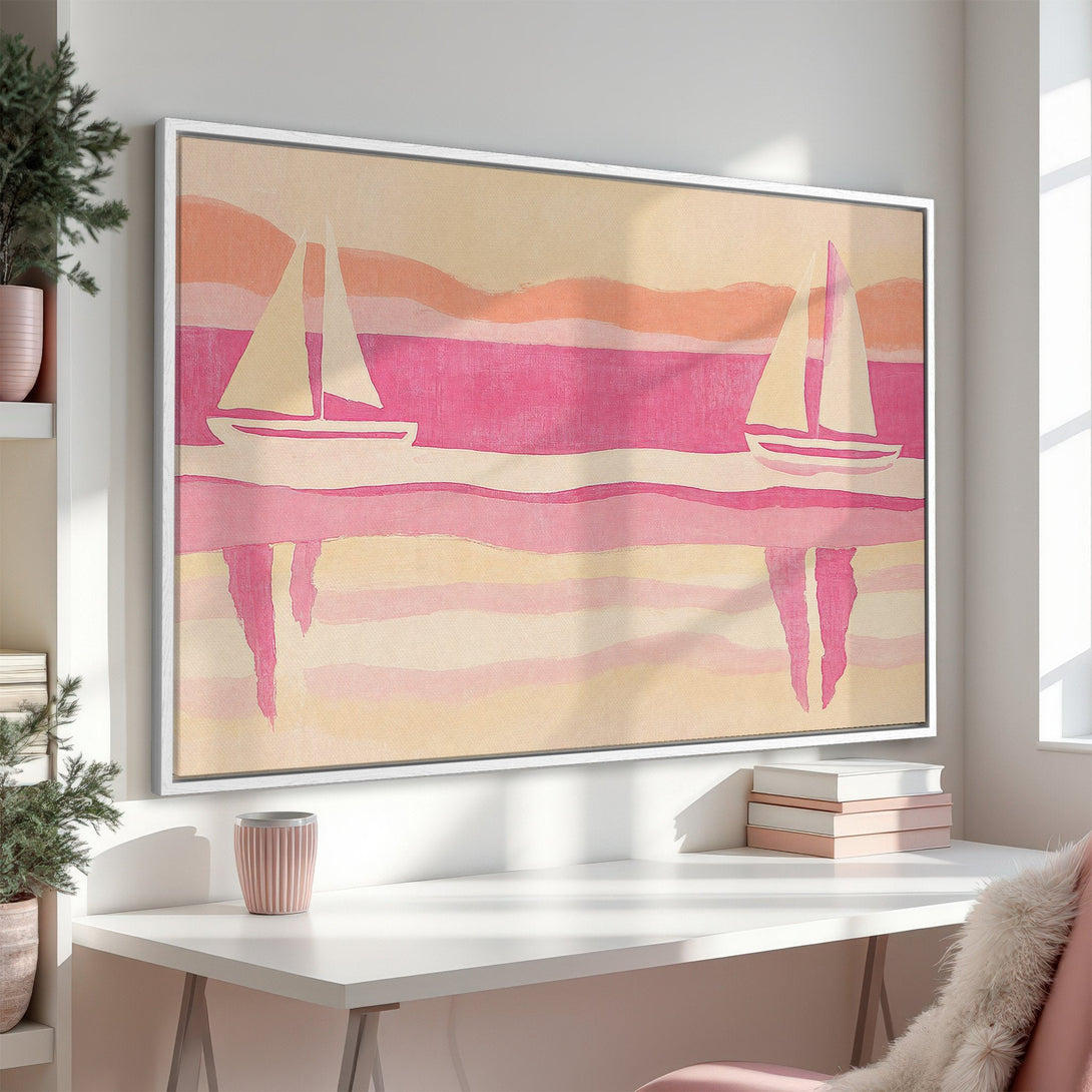 Framed Wall Art: Abstract sailboat art in a pink and peach color palette. Modern coastal style Canvas Print perfect for any room.