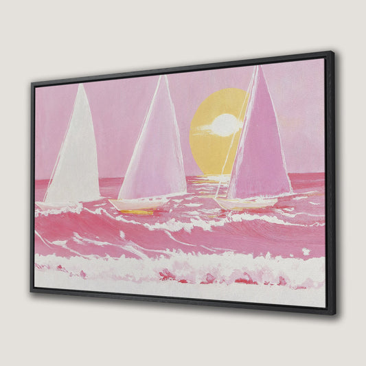 Pink Seaside Sailboats Canvas Print: Sunset Beach Scene