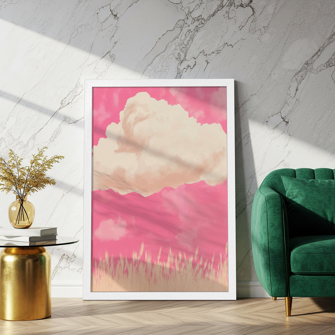 Framed Poster featuring a dreamy cloudscape in pink and beige tones. Perfect wall art to brighten any space!