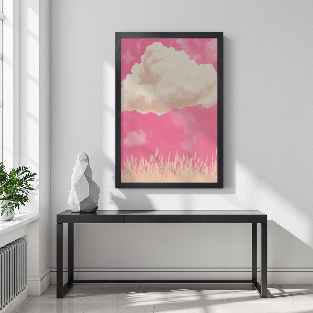Framed Poster featuring a dreamy cloudscape in pink and beige tones. Perfect for adding a touch of art to your space.