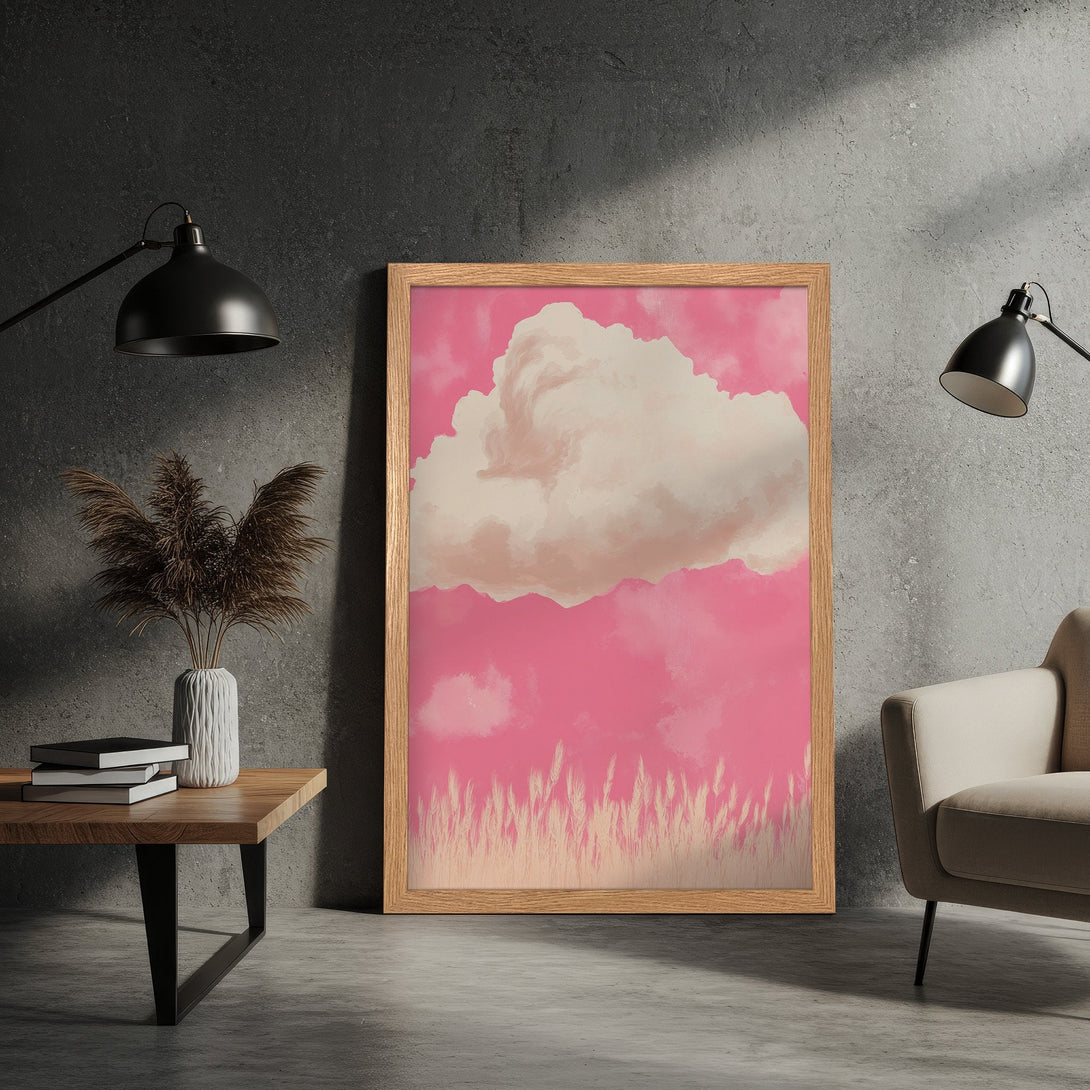 Framed Poster featuring a dreamy cloudscape in pink and beige tones. Modern art style for home decor.