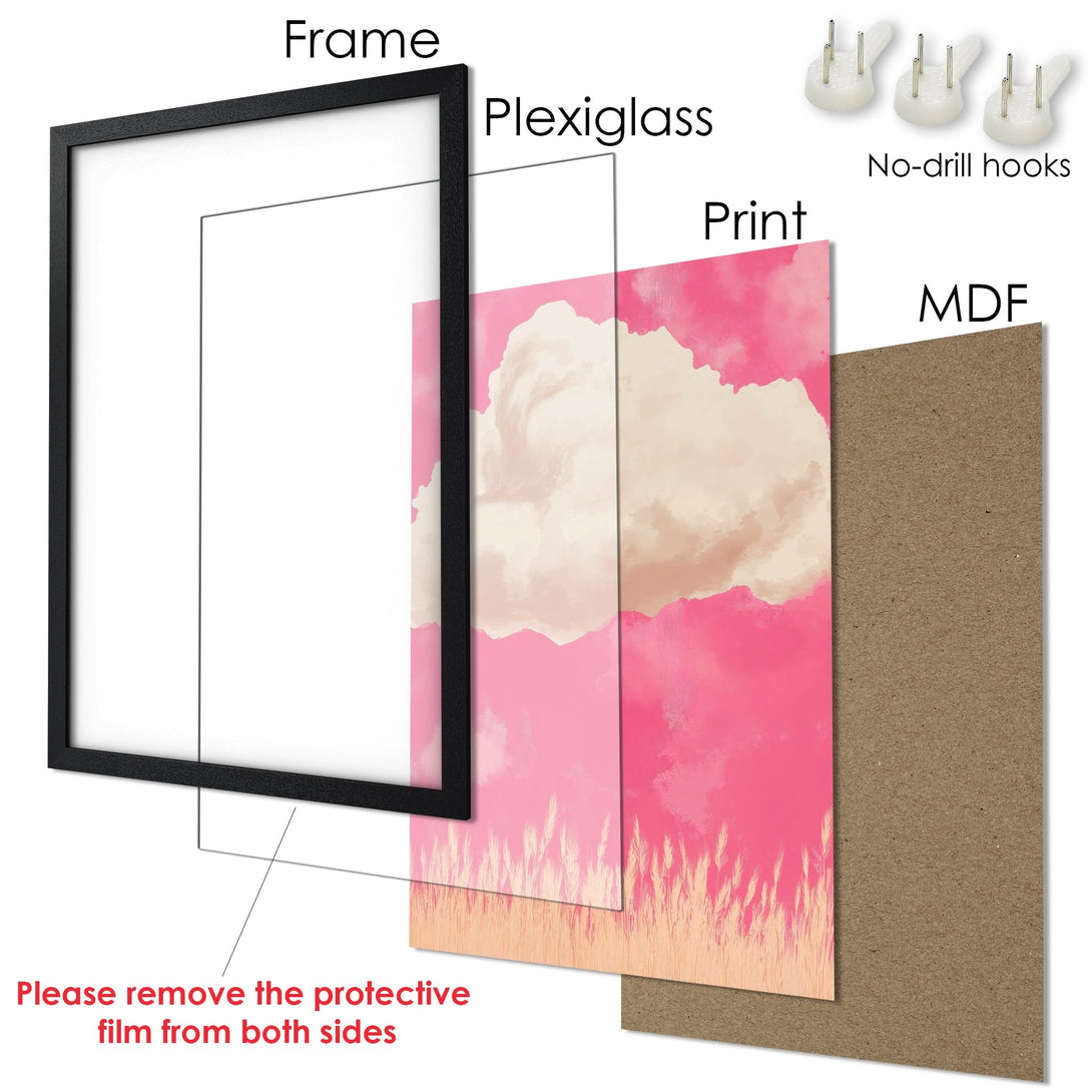 Framed Poster with pink cloud art print. Modern wall decor in a soft color palette. Ready to hang and brighten your space!