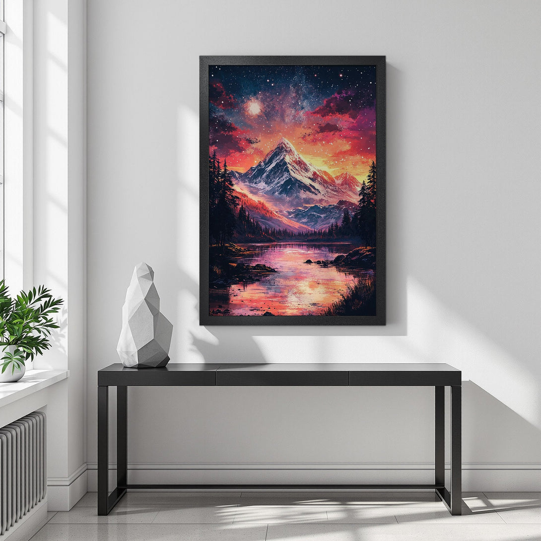 Framed Poster featuring a mountain landscape with vibrant sunset colors. Modern art style with a dramatic red, orange, and blue color palette. Decorate your space!