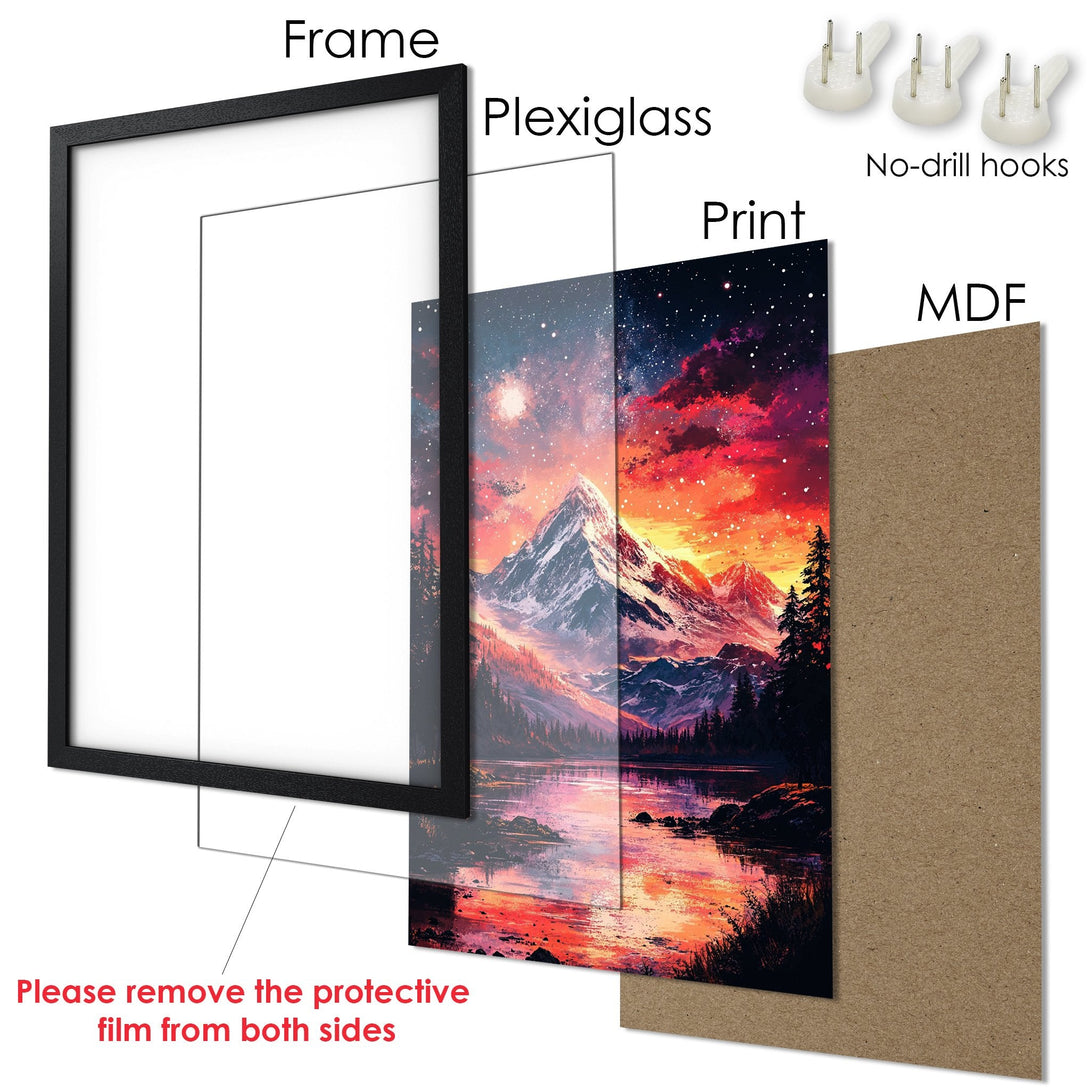 Framed Poster of a mountain landscape in a vibrant, warm color palette. Perfect wall art for any space!