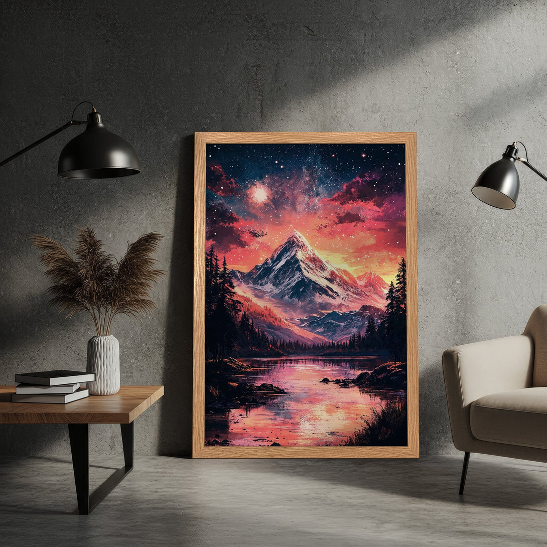 Framed Poster featuring a mountain landscape in a vibrant, painterly style with a warm, pink and blue color palette. Perfect wall art!