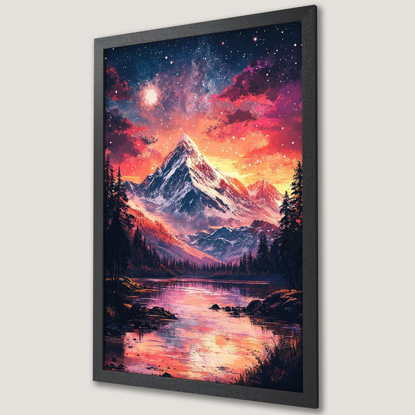 Framed Poster featuring a stunning mountain landscape with a vibrant sunset sky. Artistic style with a rich, colorful palette of reds, oranges, and blues.