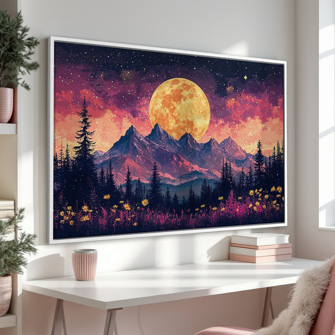 Framed Wall Art: Stunning mountain landscape Canvas Print with a vibrant sunset, moon, and starry sky. Warm orange, purple, and pink hues. Perfect for any room!