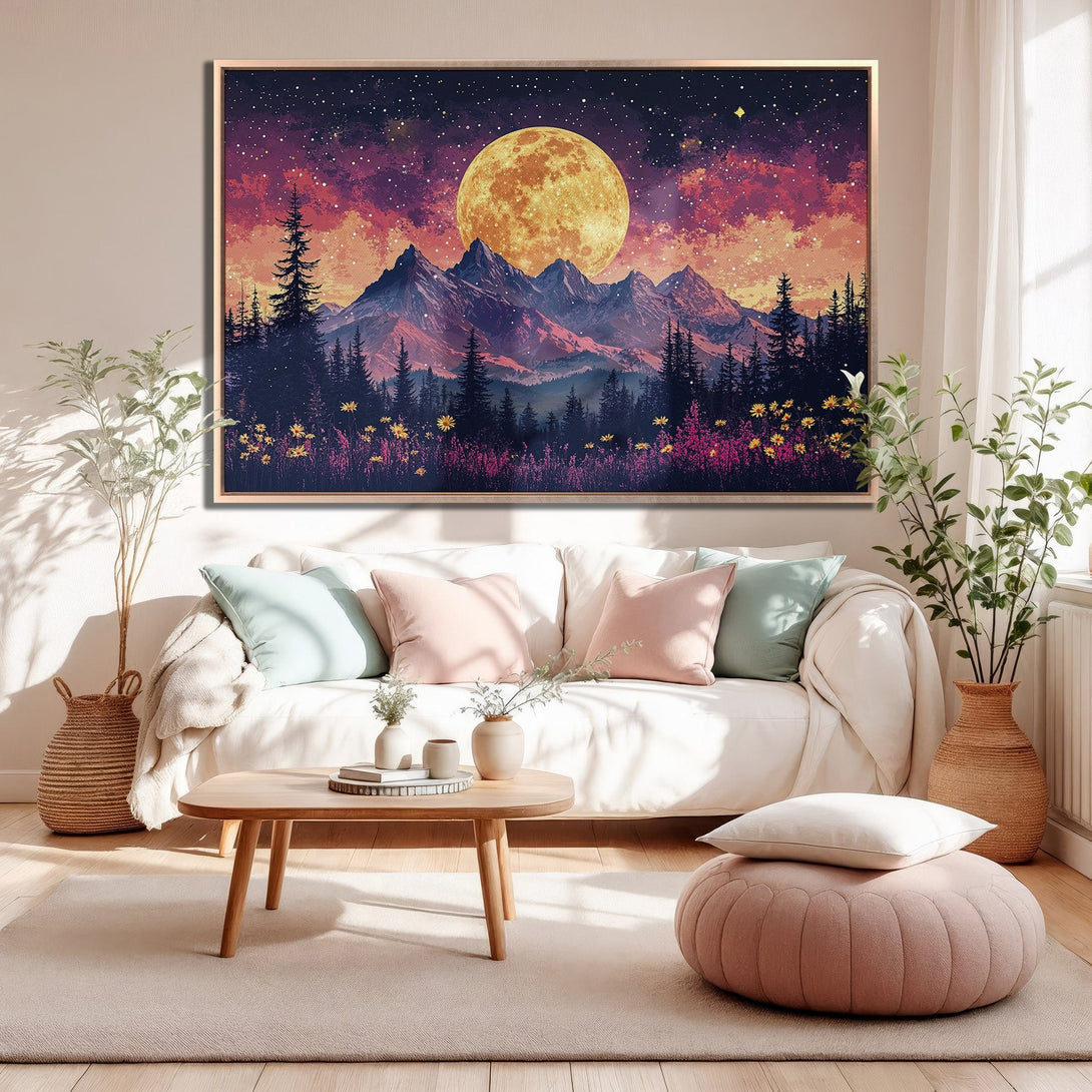 Framed Wall Art: Stunning mountain landscape with a vibrant moon, in a warm, inviting color palette. Perfect for adding a touch of nature to your home.