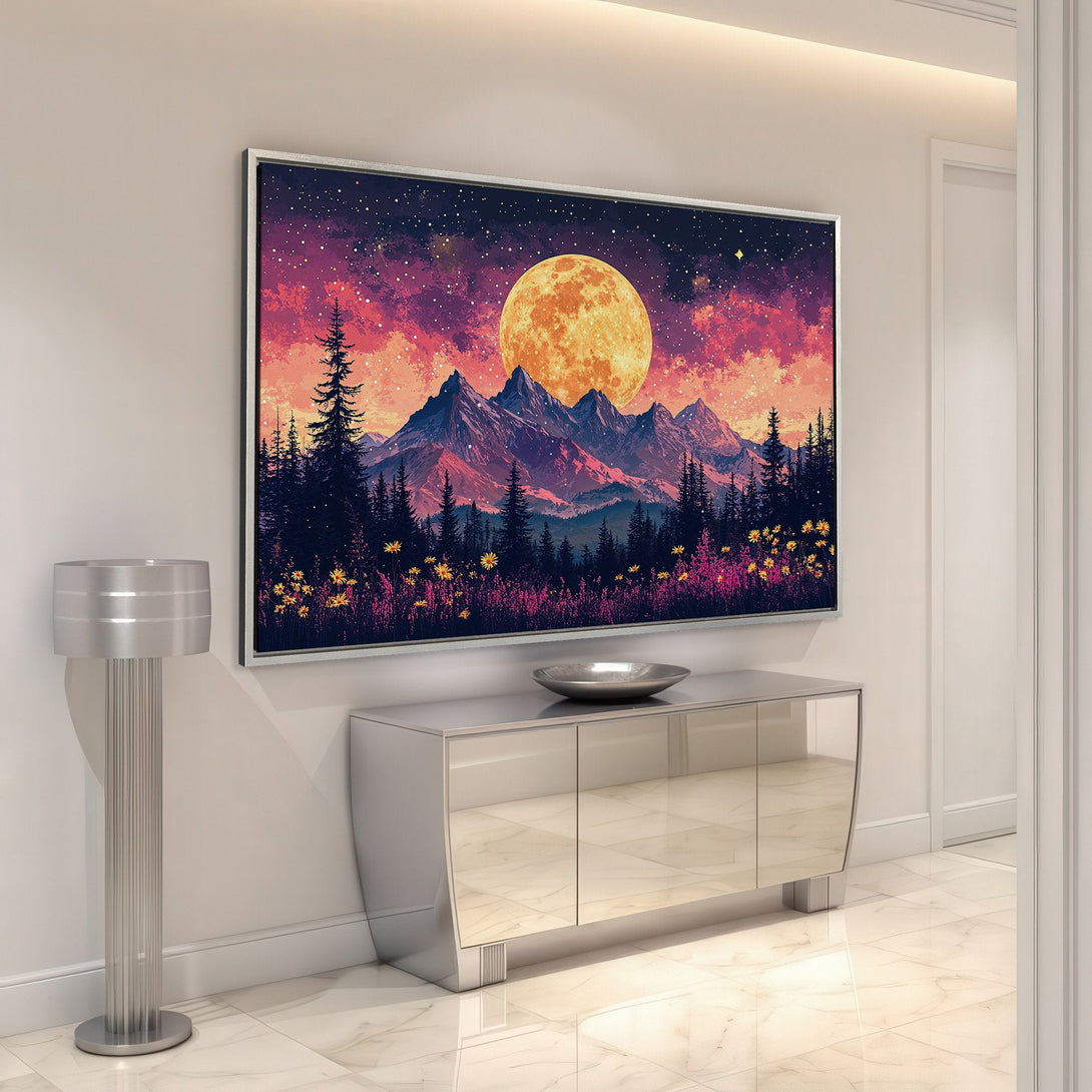 Framed Wall Art featuring a vibrant mountain landscape with a full moon, in a modern, colorful style. Perfect for adding a touch of nature to your home.