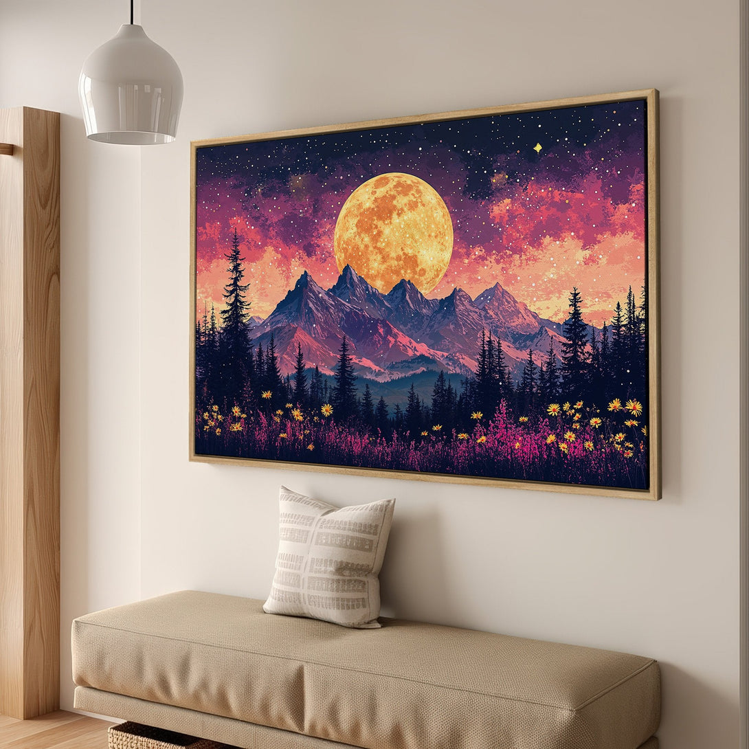 Framed Wall Art: Mountain landscape with moon, vibrant pink & orange sky, and dark forest. Perfect for adding a touch of nature to your space.