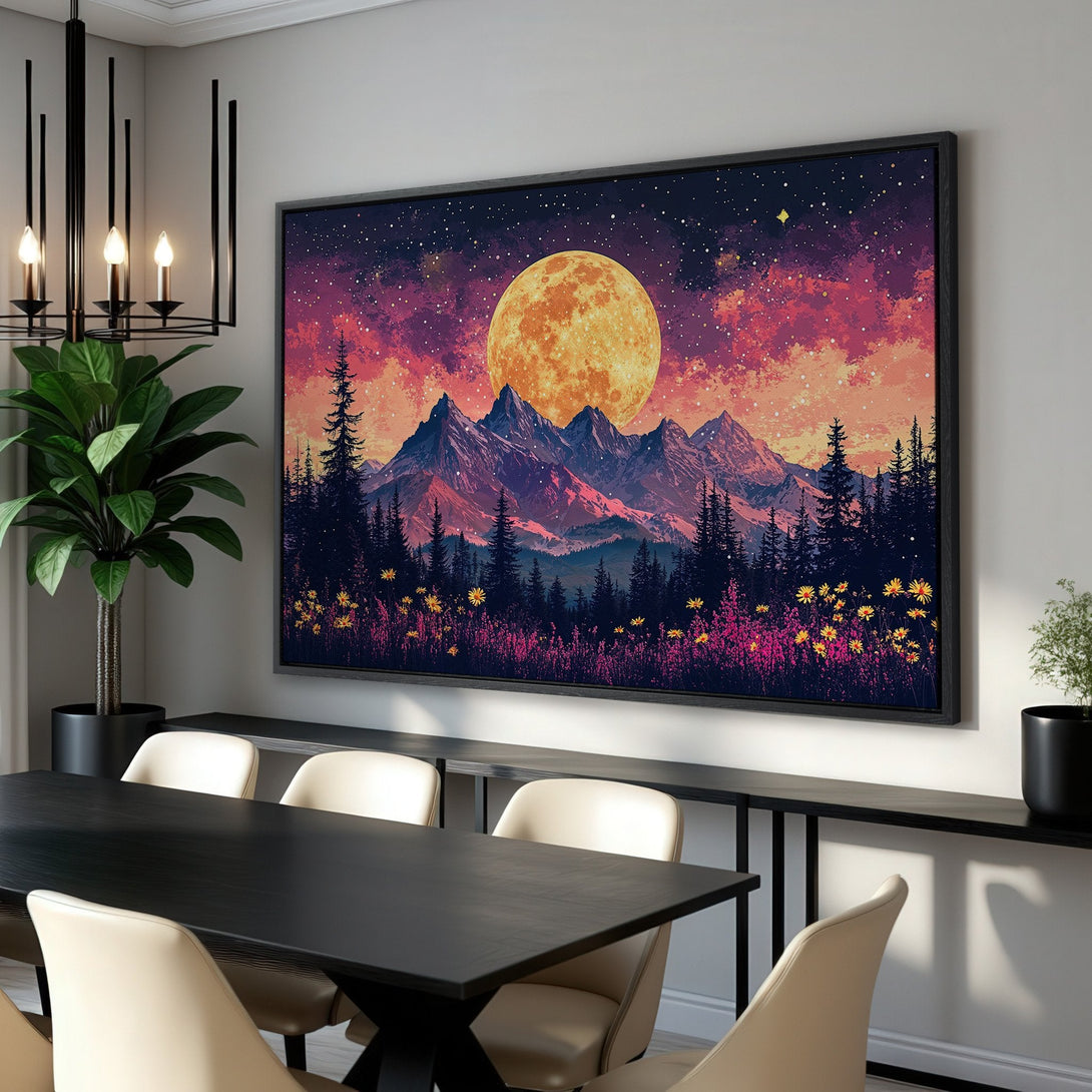 Framed Wall Art: Stunning mountain landscape canvas print with a vibrant color palette of purple, orange, and dark blue, perfect for modern home decor.