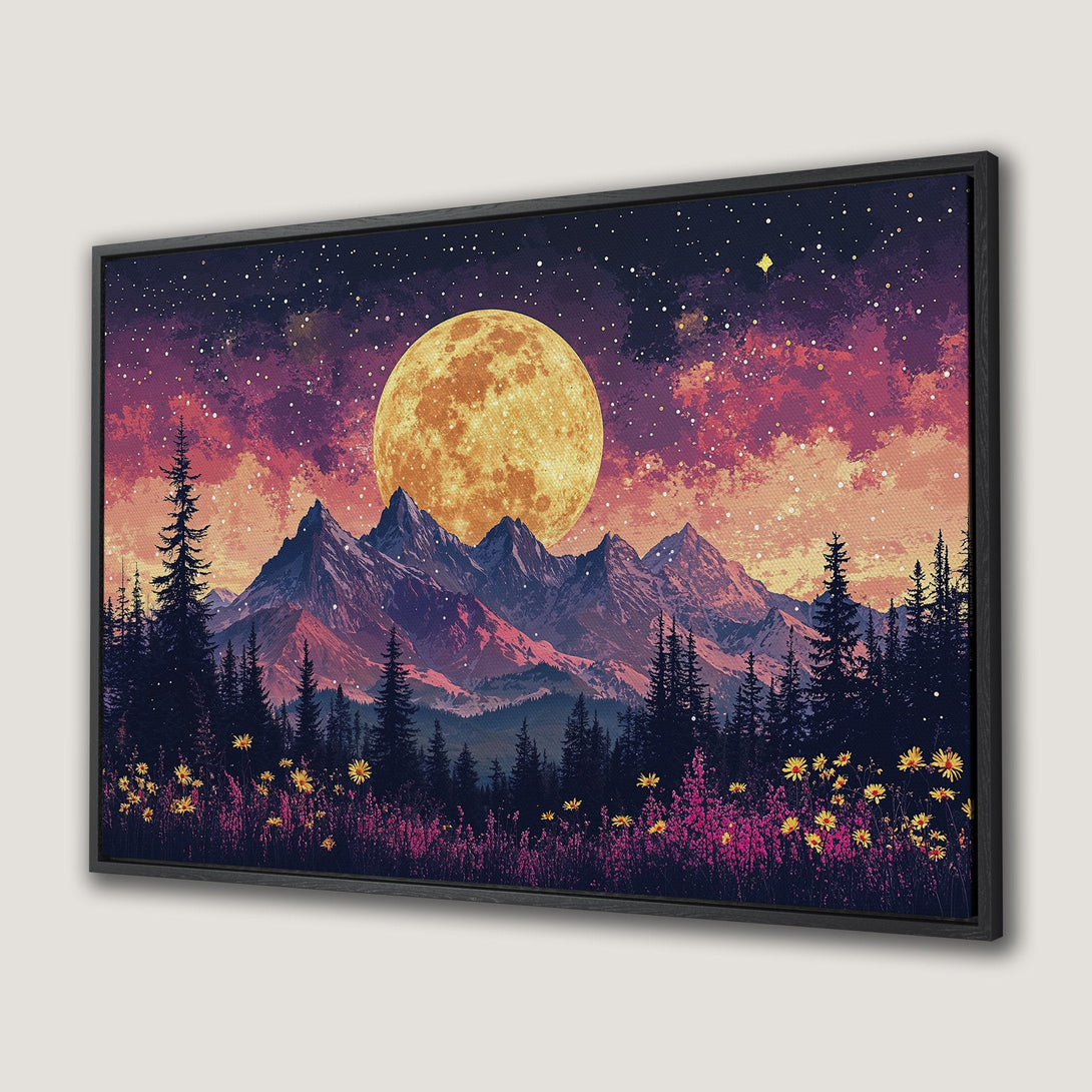 Framed Wall Art: Majestic mountain scene with a vibrant sunset, full moon, and starry night sky. Rich purple, orange, and yellow color palette. Perfect wall decor!