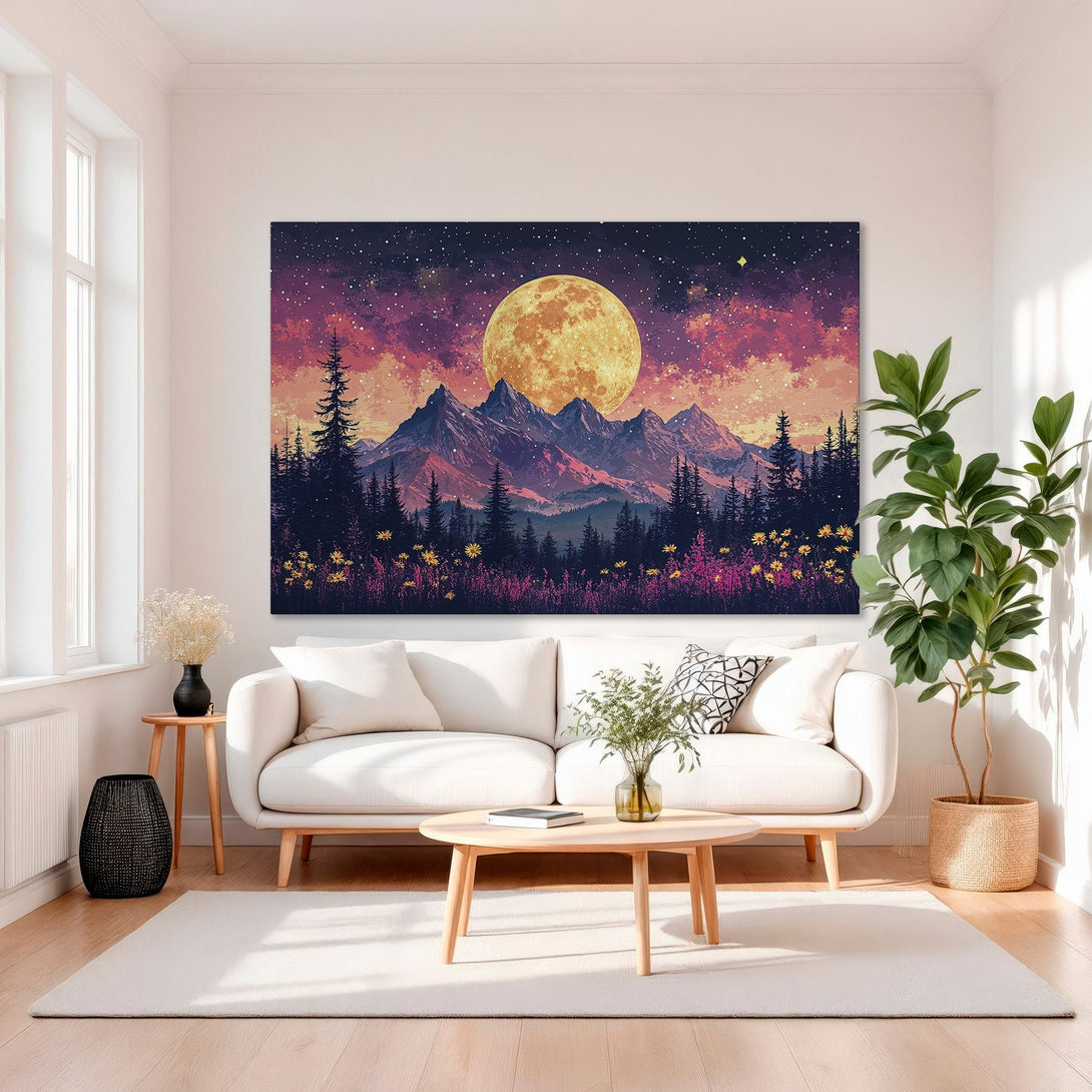 Framed Wall Art: Mountain landscape Canvas Print with a vibrant sunset and moon, in a modern interior. Features a warm, colorful palette.