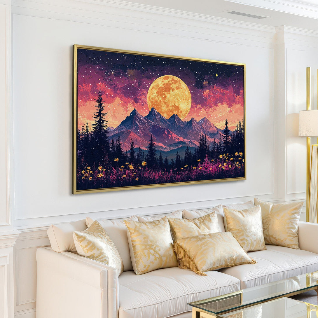 Canvas Print of a mountain landscape with a large moon, featuring a vibrant color palette of purples, oranges, and yellows. Perfect wall art!