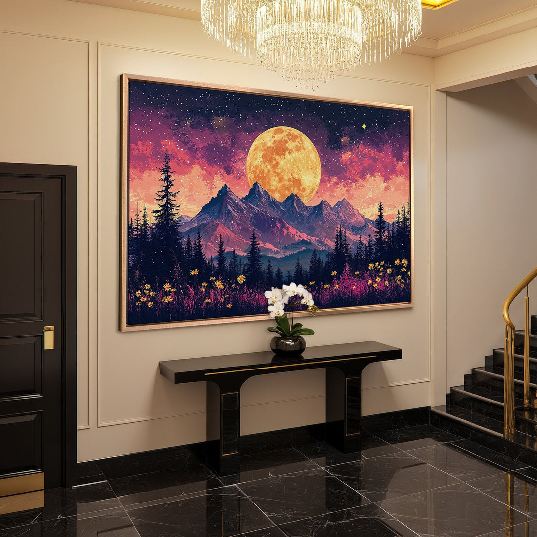 Framed Wall Art: Mountain landscape Canvas Print with a vibrant sunset color palette. Perfect for adding a touch of nature-inspired art to your home decor.
