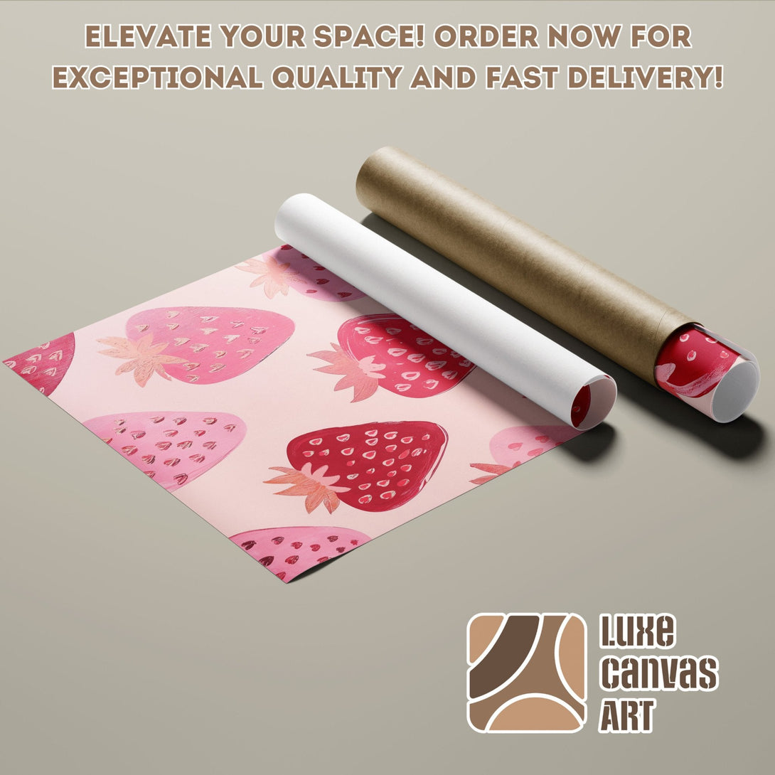 Strawberry Poster Roll, watercolor style, pink and red color palette, perfect for home decor.