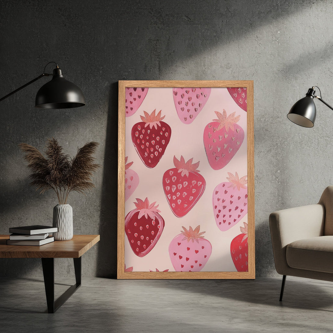 Framed Poster featuring a whimsical strawberry pattern in shades of pink and red, perfect for adding a touch of sweetness to your space.