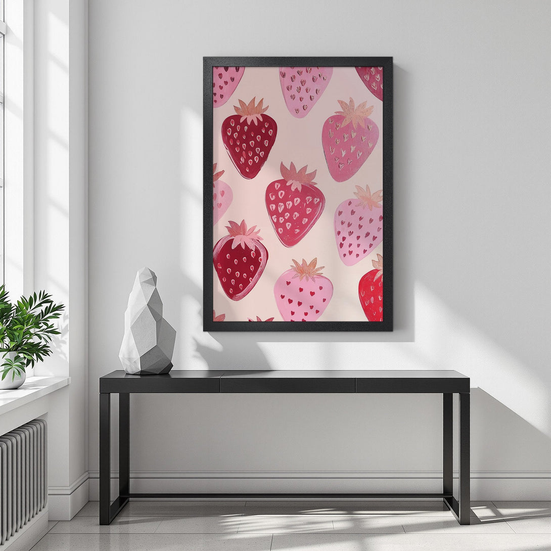 Framed Poster featuring a whimsical strawberry pattern in shades of pink and red, perfect for adding a pop of color to any space.