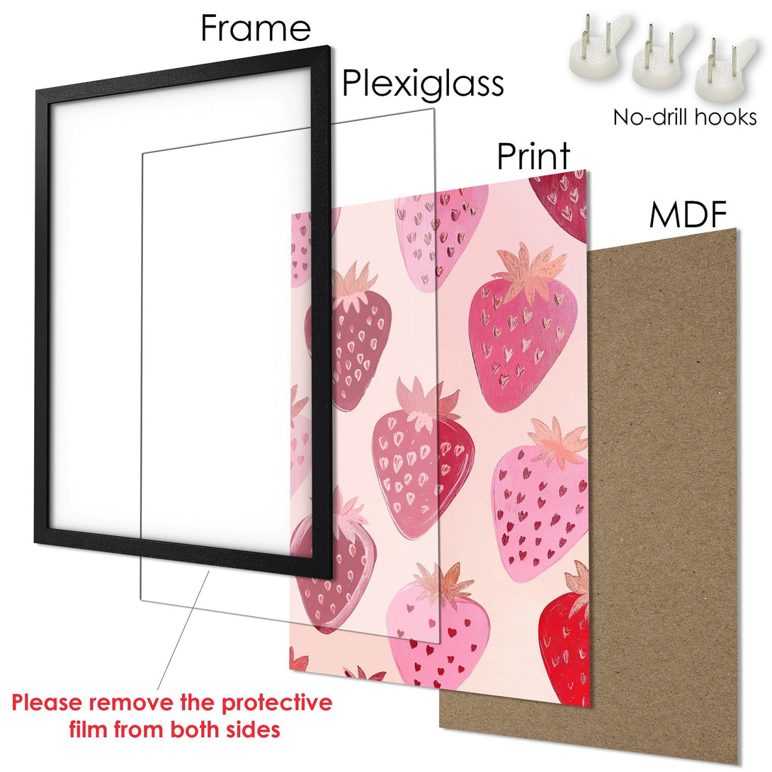 Framed Poster with strawberry pattern, pink and red color palette, perfect for kitchen decor!