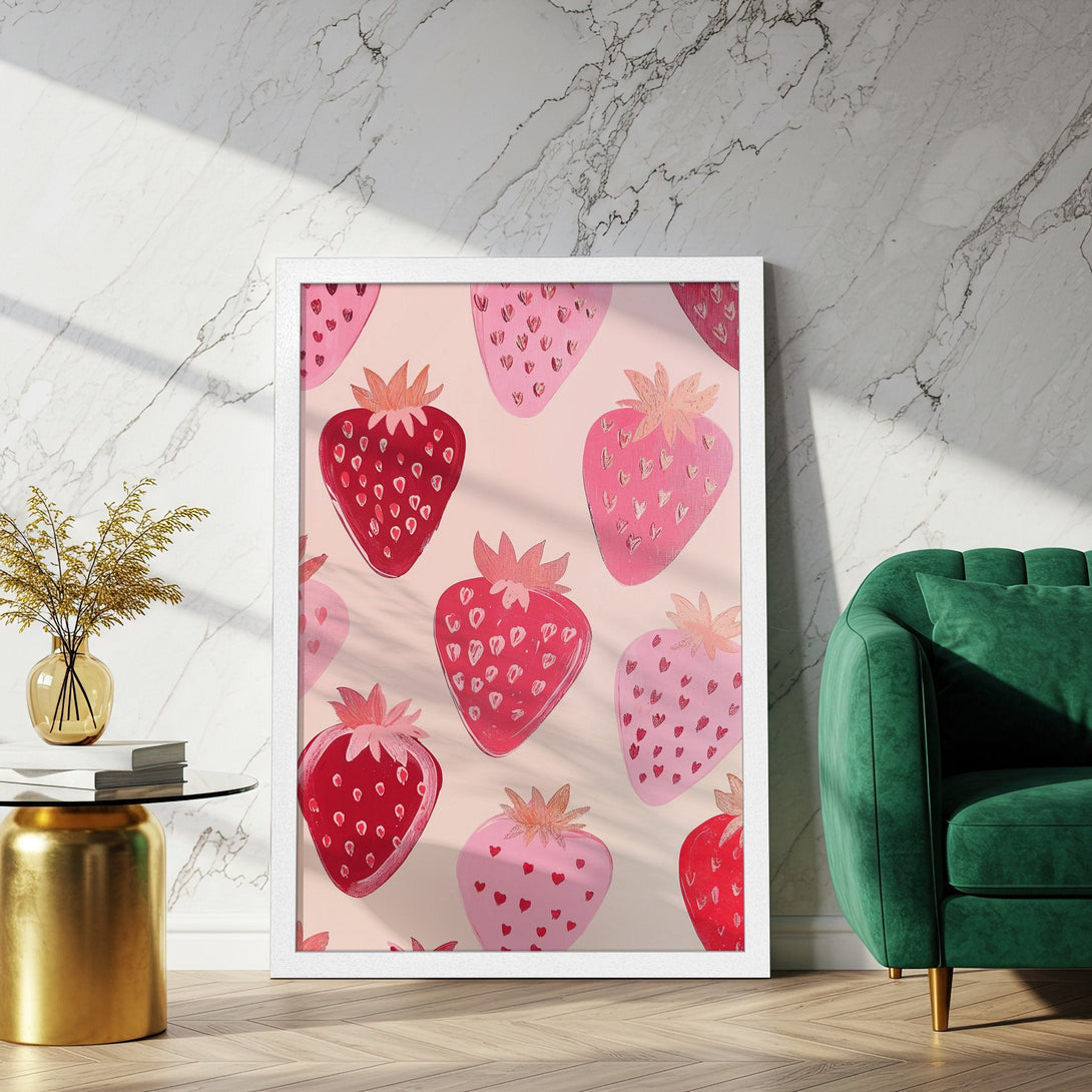 Framed Poster featuring a whimsical strawberry pattern in shades of pink and red, perfect for adding a pop of color to any space.