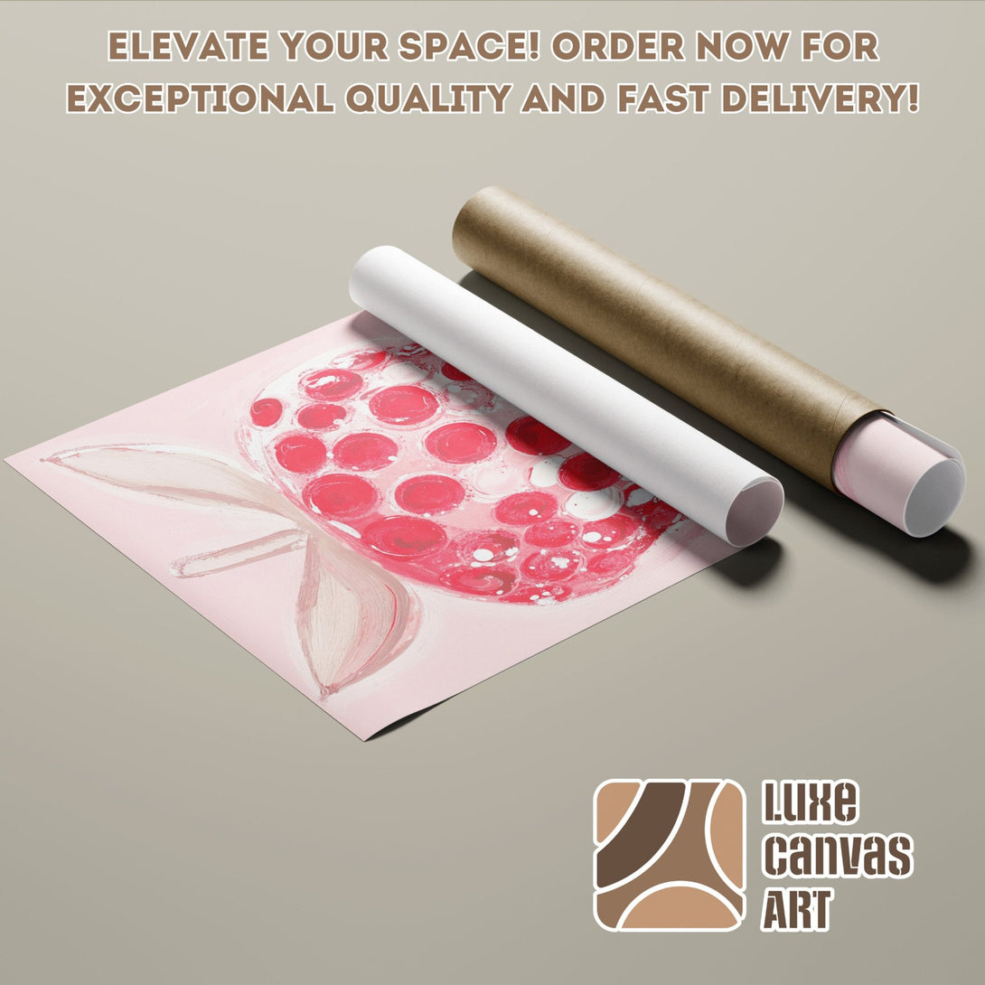 Abstract art poster roll with pink and red fruit, ready to ship.