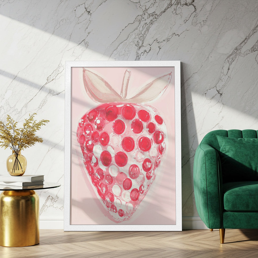 Framed Poster featuring a vibrant, abstract strawberry art print in pink and red hues. Modern wall decor for a stylish home.
