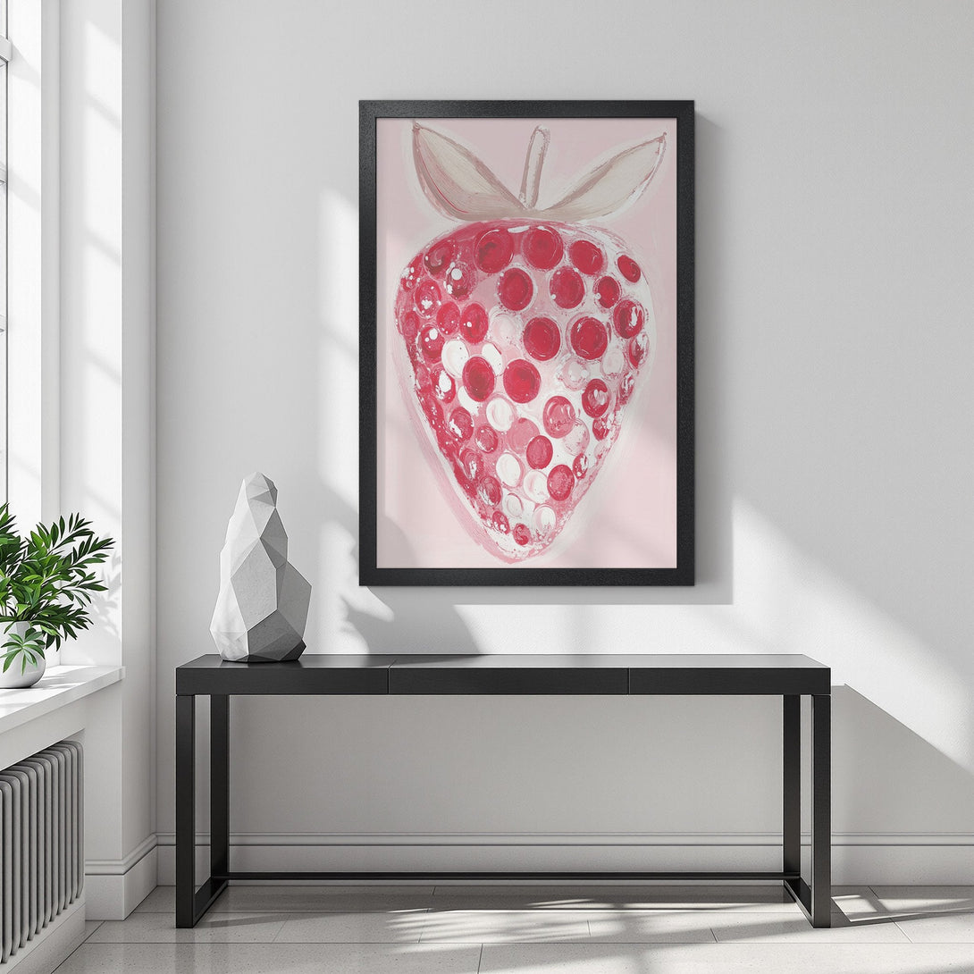 Framed Poster of a whimsical strawberry painting in red and pink hues. Modern art style, perfect for kitchen decor.