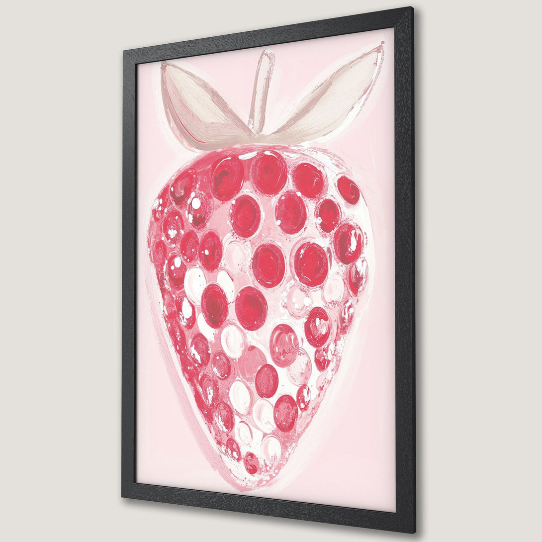 Framed Poster featuring a vibrant strawberry illustration in a modern, abstract style with a pink and red color palette. Add a pop of art to your space!