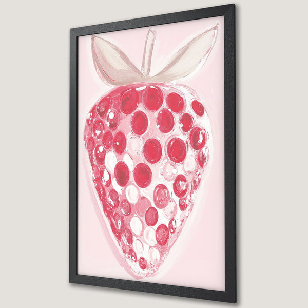 Framed Poster featuring a vibrant strawberry illustration in a modern, abstract style with a pink and red color palette. Add a pop of art to your space!