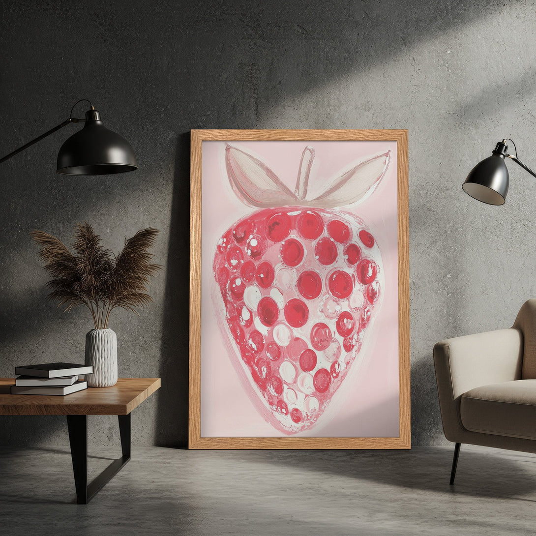 Framed Poster featuring a vibrant strawberry art print in pink and red hues. Modern, abstract style perfect for home decor.
