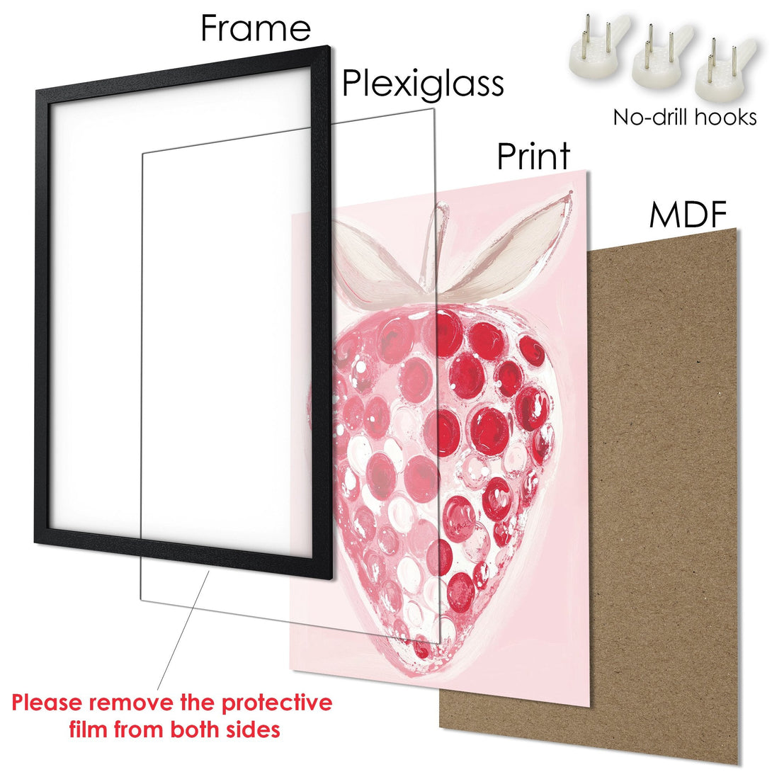 Framed Poster featuring a strawberry art print in a pink and red color palette. Modern, stylish wall art.