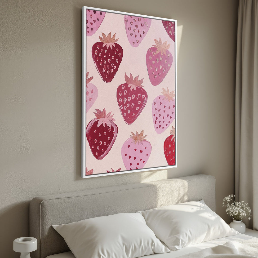 Framed Wall Art featuring a playful strawberry pattern in shades of pink and red. Perfect for adding a pop of color to your bedroom decor!