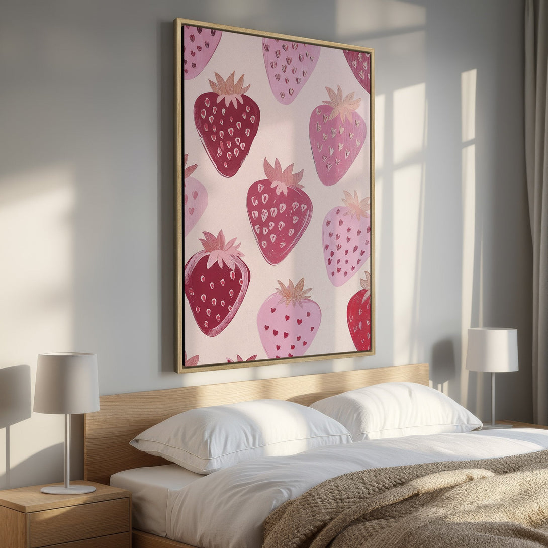 Framed Wall Art featuring a whimsical strawberry pattern in shades of pink and red, perfect for adding a pop of color to your bedroom decor.