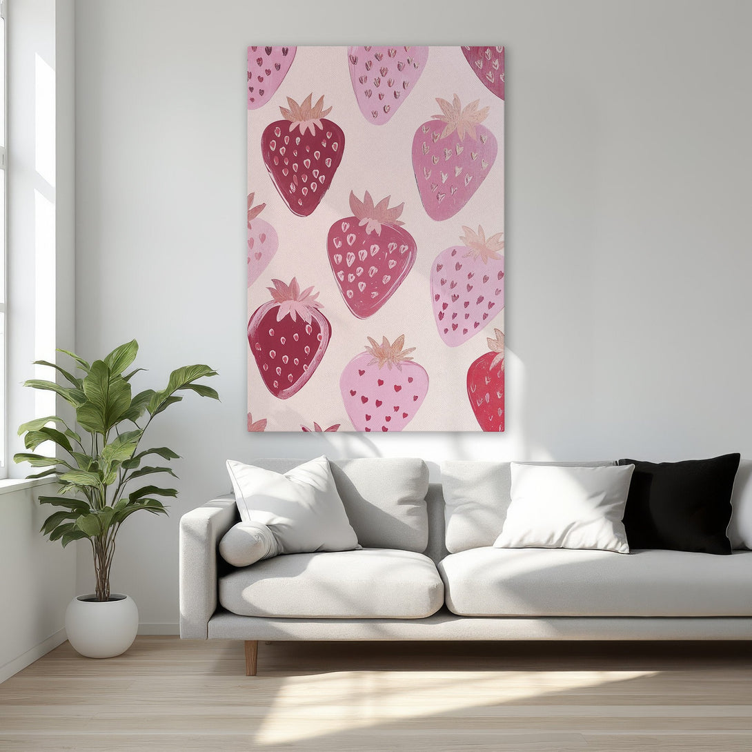 Framed Wall Art featuring a whimsical strawberry print in pink and red hues. Perfect for adding a touch of playful elegance to your space.