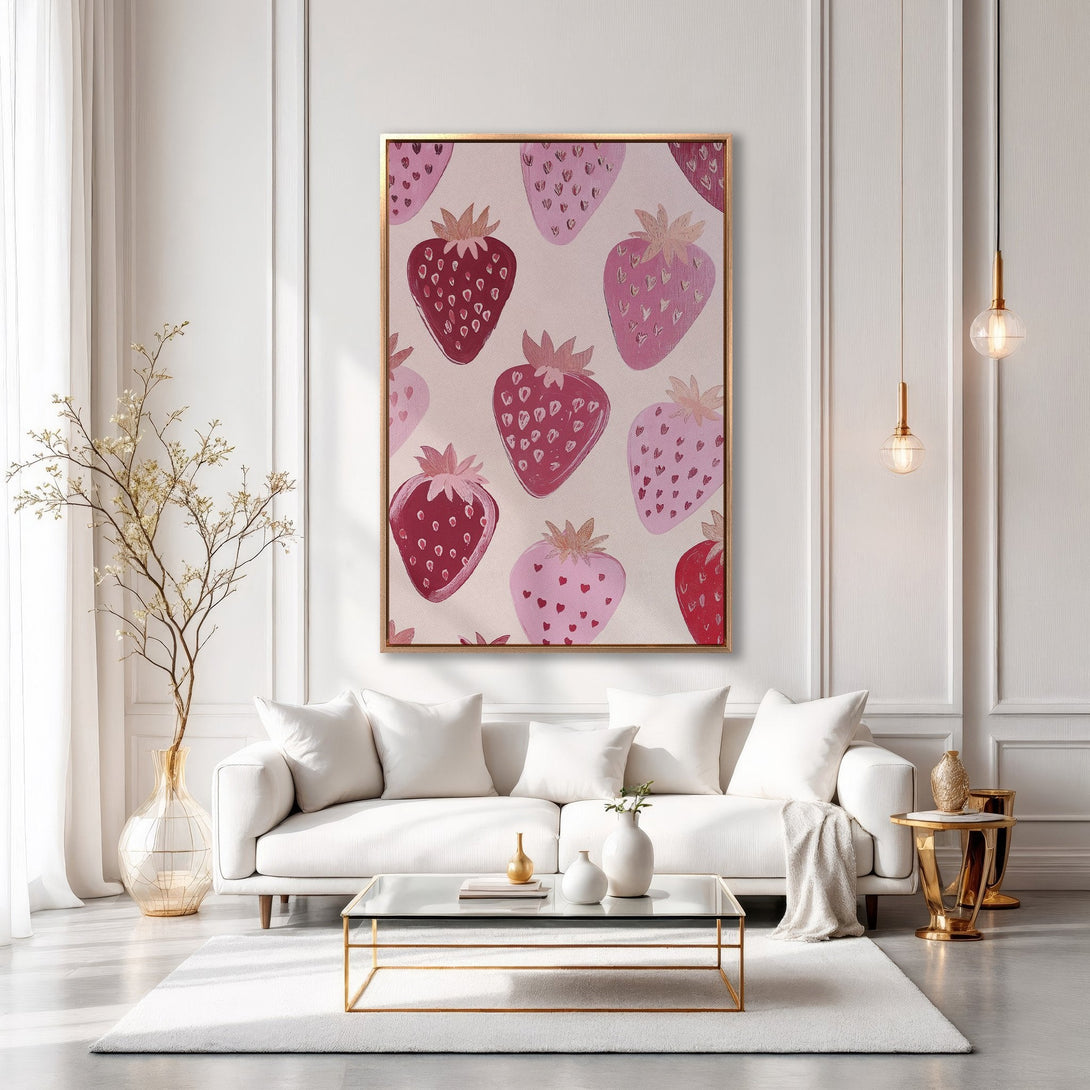 Framed Wall Art of strawberries in pink hues, adding a touch of whimsy to any room. Perfect for kitchen or living room decor.