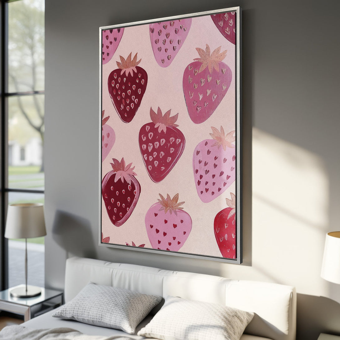 Framed Wall Art featuring a whimsical strawberry pattern in shades of pink and red, perfect for adding a touch of playful charm to any space.