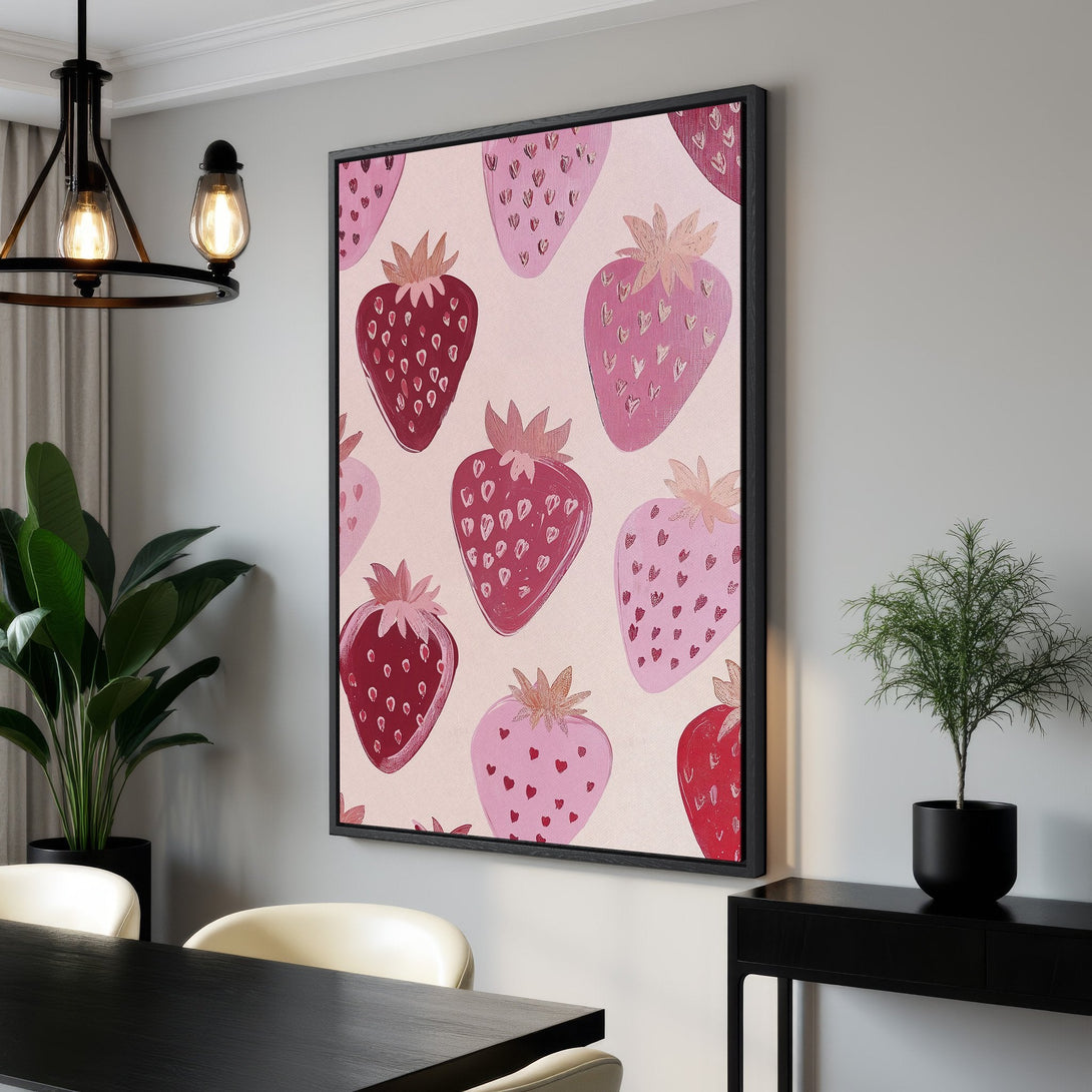 Framed Wall Art: Playful strawberry pattern in pink and red hues. Modern Canvas Print adds a pop of color and style to any space. Shop now!